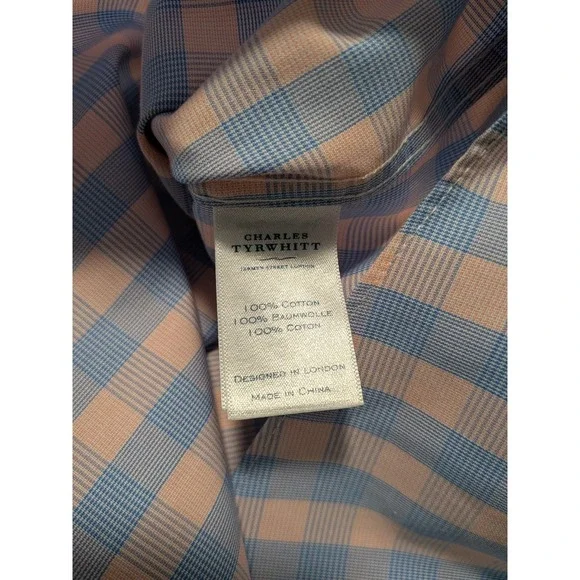 Charles Tyrwhitt Men's Pink Blue Checkered Non Iron Slim Shirt Size 17.5-35 - Picture 3 of 7